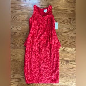 Shoshanna Midnight Red Lace Midi Dress w/Peplum